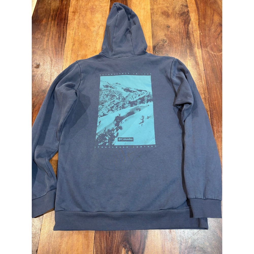 Columbia hoodie men size S blue mountain graphic back print fleece sweatshirt